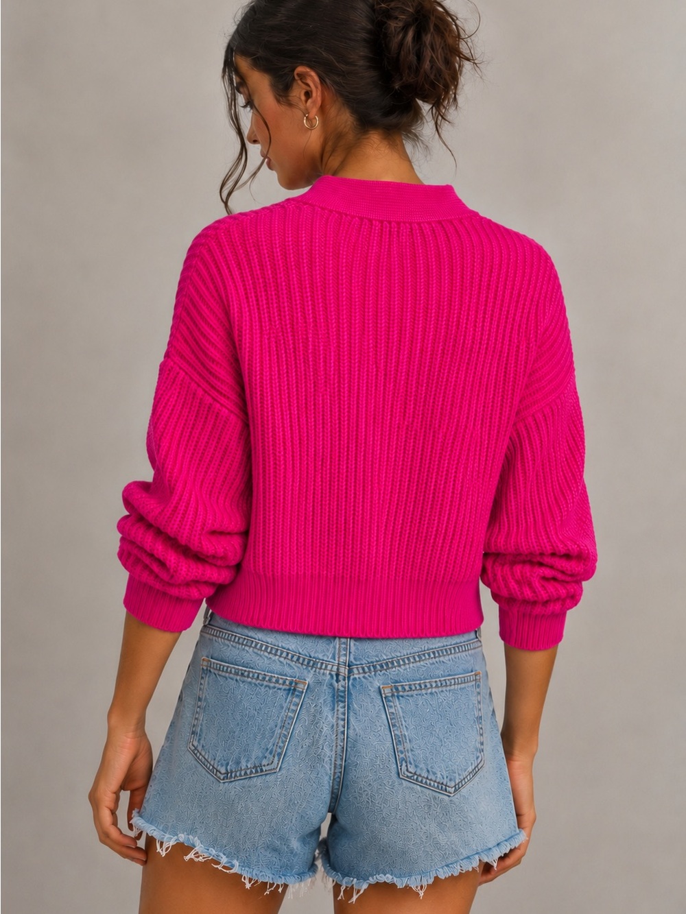 Anthropologie Maeve Hot Pink Chunky Knit Cropped Cardigan Sweater - Picture 2 of 11